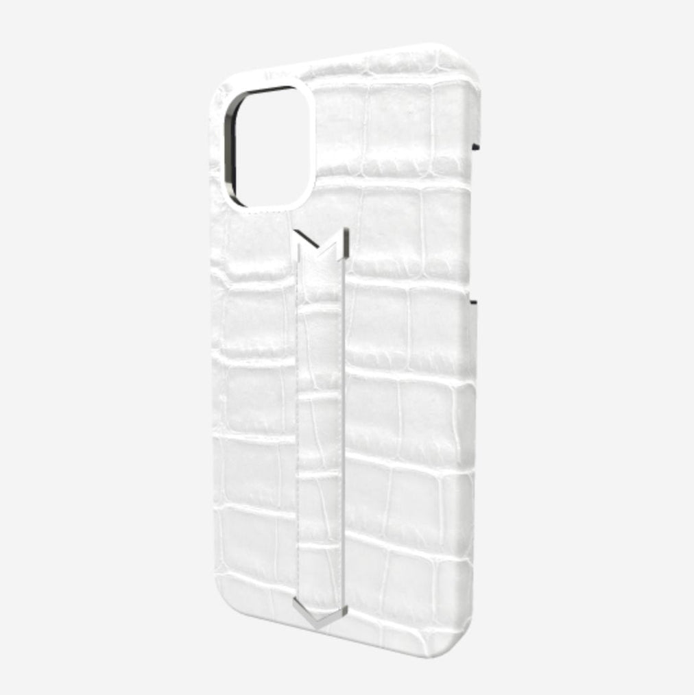 Finger Strap Case for iPhone 13 Pro in Genuine Alligator White Angel Steel 316 