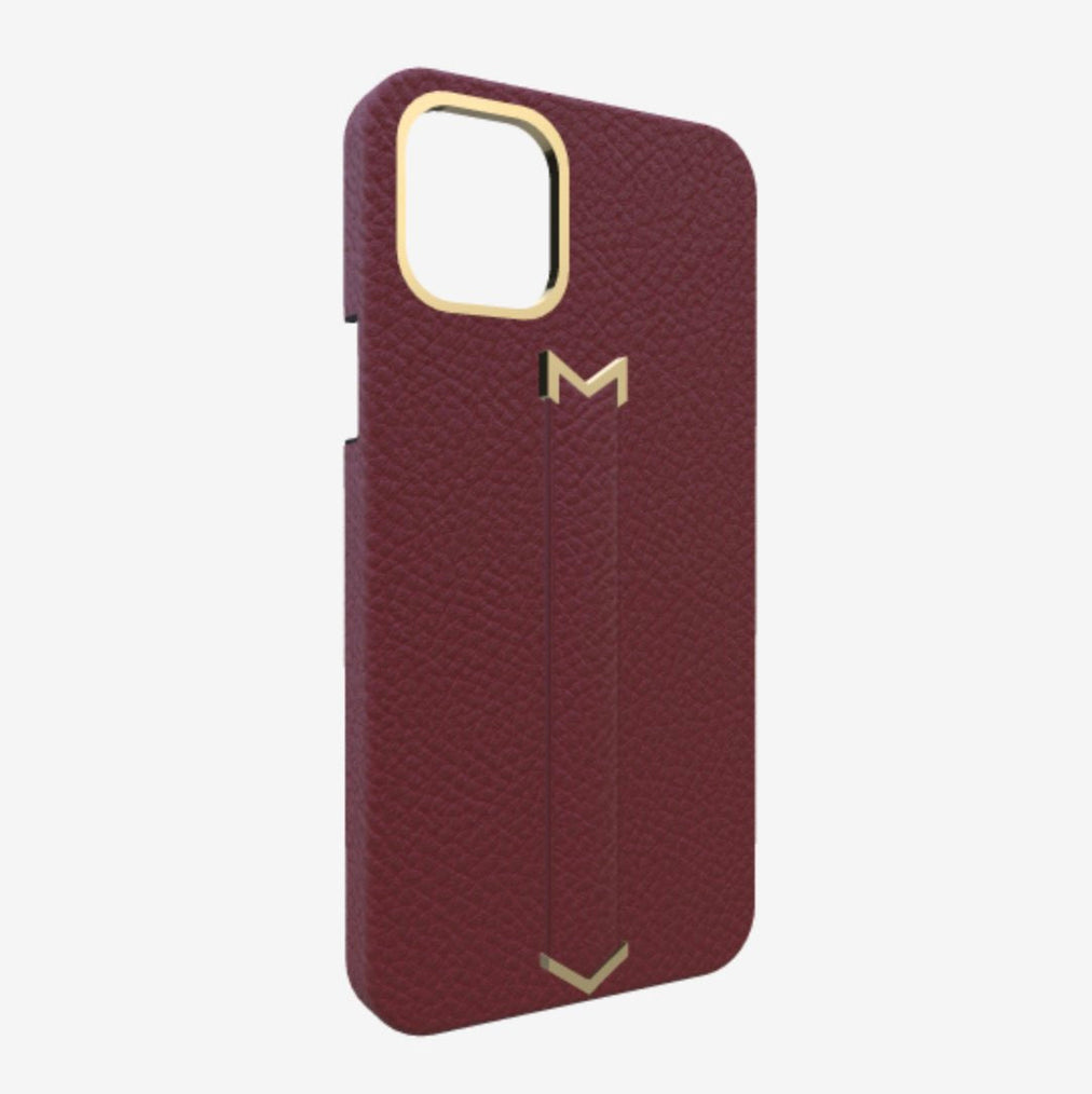 Finger Strap Case for iPhone 13 Pro in Genuine Calfskin Burgundy Palace Yellow Gold 