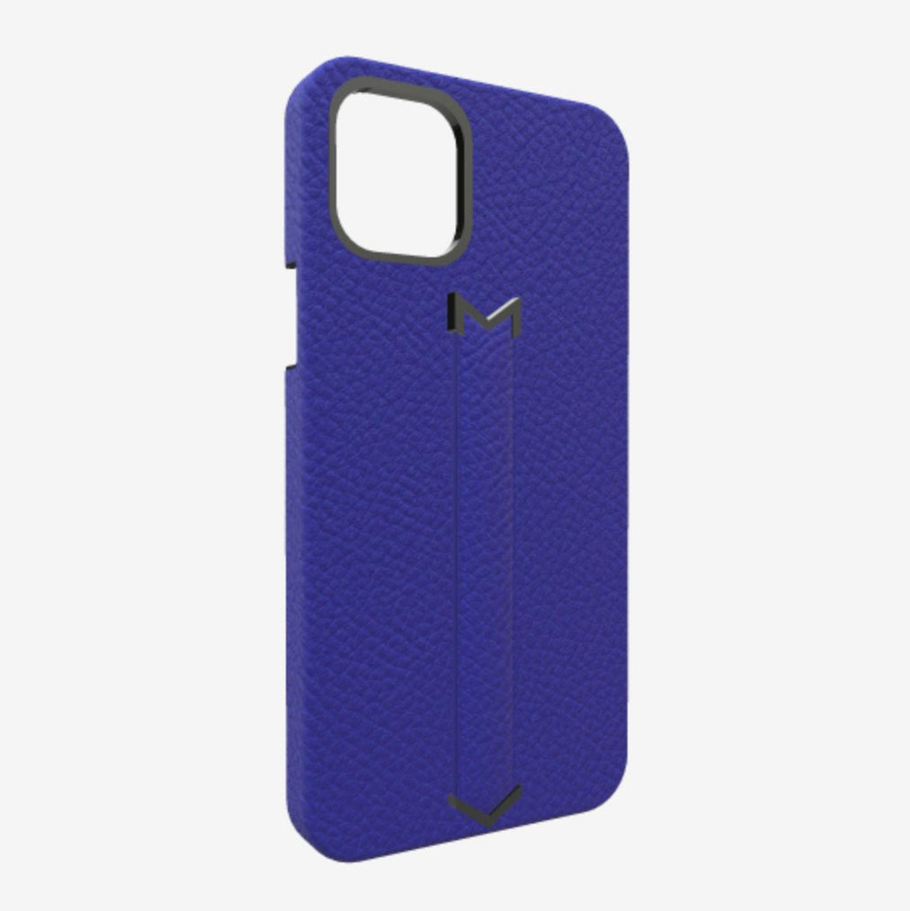 Finger Strap Case for iPhone 13 Pro in Genuine Calfskin Electric Blue Black Plating 