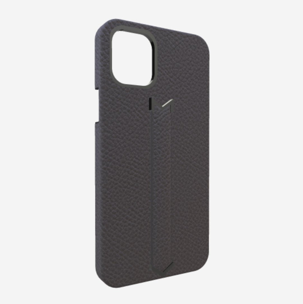 Finger Strap Case for iPhone 13 Pro in Genuine Calfskin Elite Grey Black Plating 