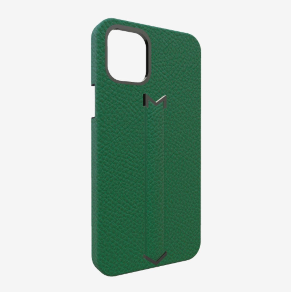 Finger Strap Case for iPhone 13 Pro in Genuine Calfskin Emerald Green Black Plating 
