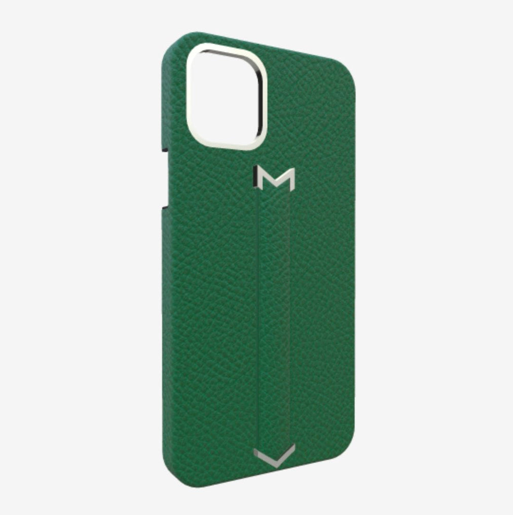 Finger Strap Case for iPhone 13 Pro in Genuine Calfskin Emerald Green Steel 316 