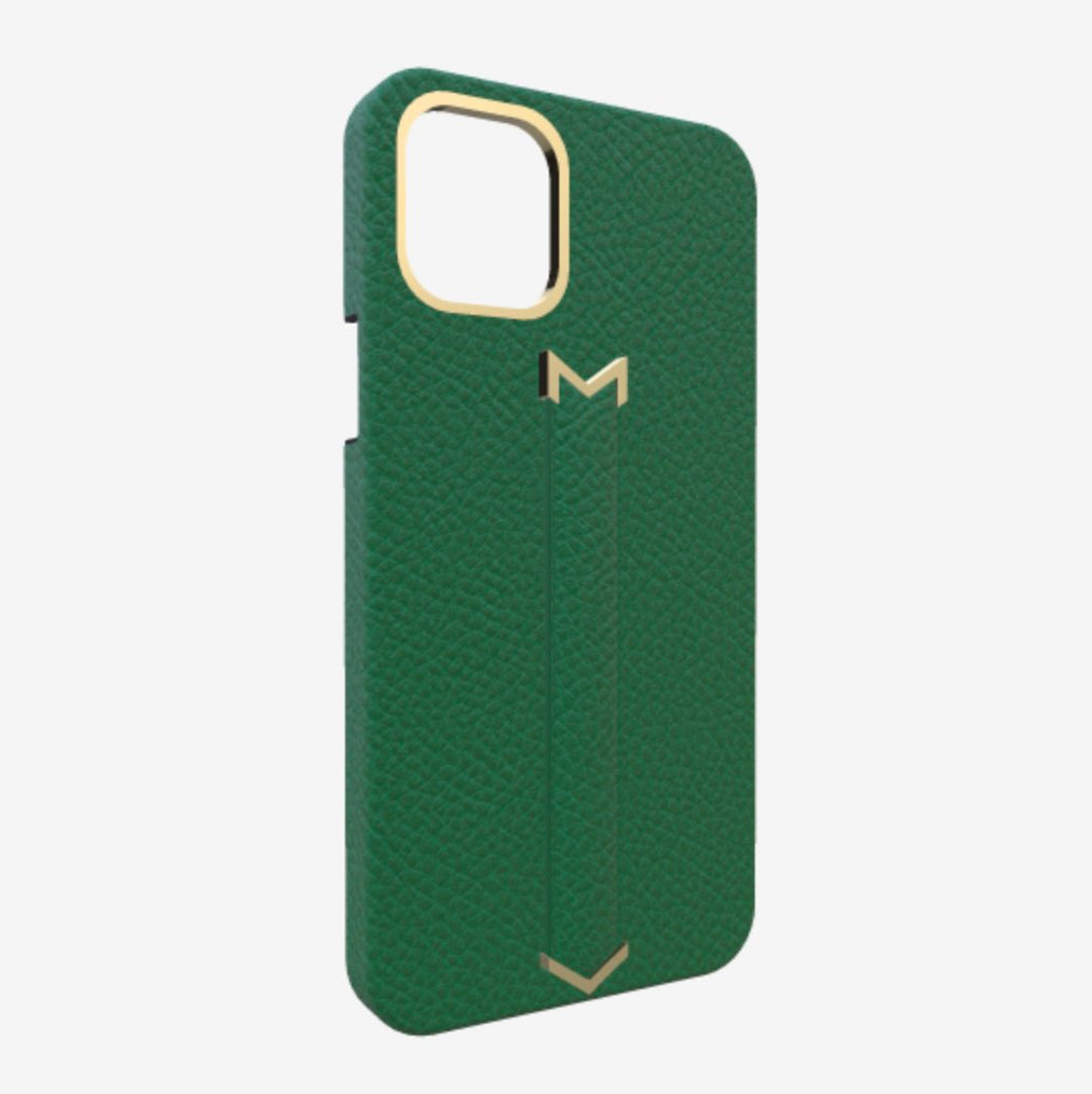 Finger Strap Case for iPhone 13 Pro in Genuine Calfskin Emerald Green Yellow Gold 
