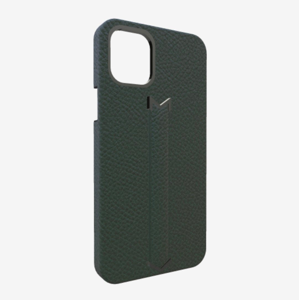 Finger Strap Case for iPhone 13 Pro in Genuine Calfskin Jungle Green Black Plating 
