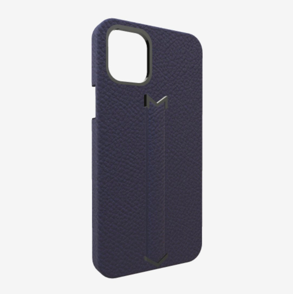 Finger Strap Case for iPhone 13 Pro in Genuine Calfskin Navy Blue Black Plating 