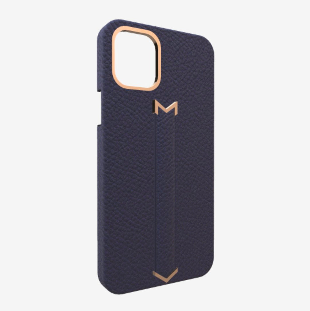 Finger Strap Case for iPhone 13 Pro in Genuine Calfskin Navy Blue Rose Gold 