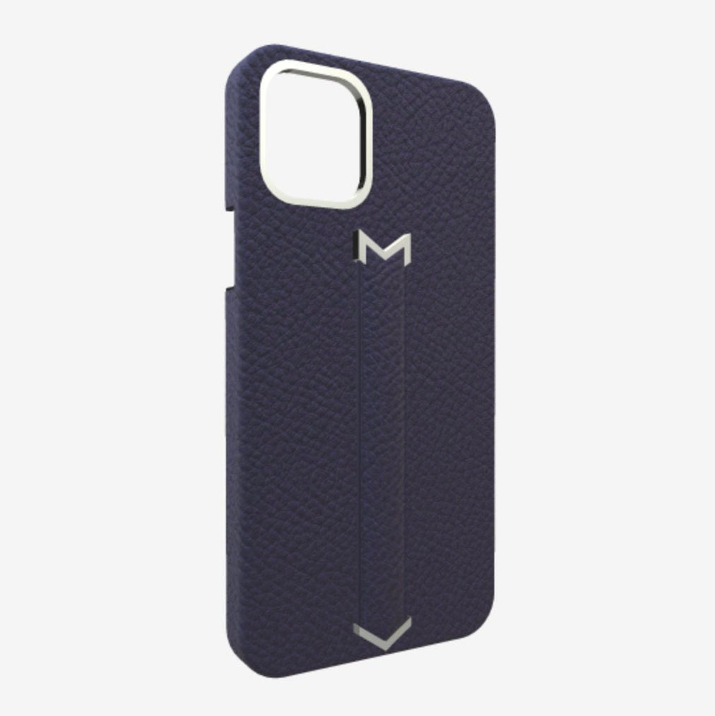 Finger Strap Case for iPhone 13 Pro in Genuine Calfskin Navy Blue Steel 316 