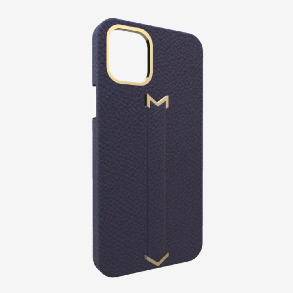 Finger Strap Case for iPhone 13 Pro in Genuine Calfskin Navy Blue Yellow Gold 