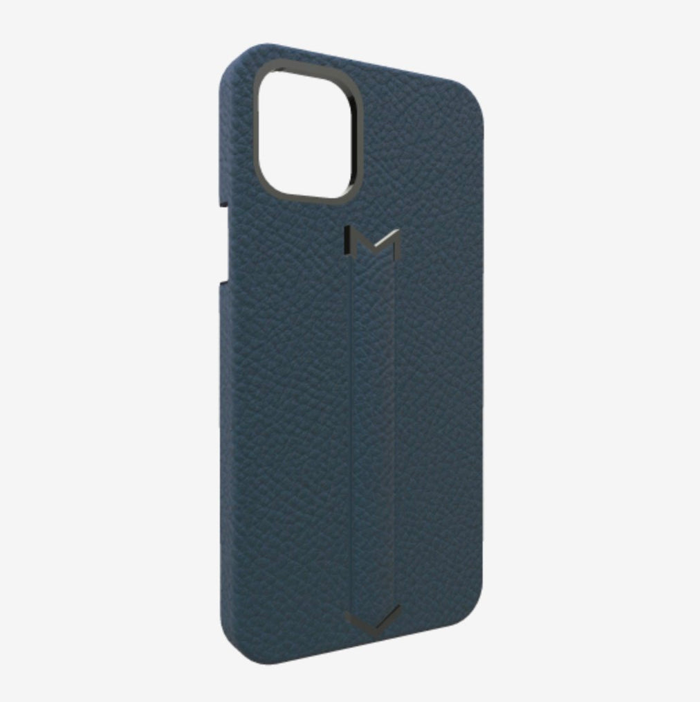 Finger Strap Case for iPhone 13 Pro in Genuine Calfskin Night Blue Black Plating 