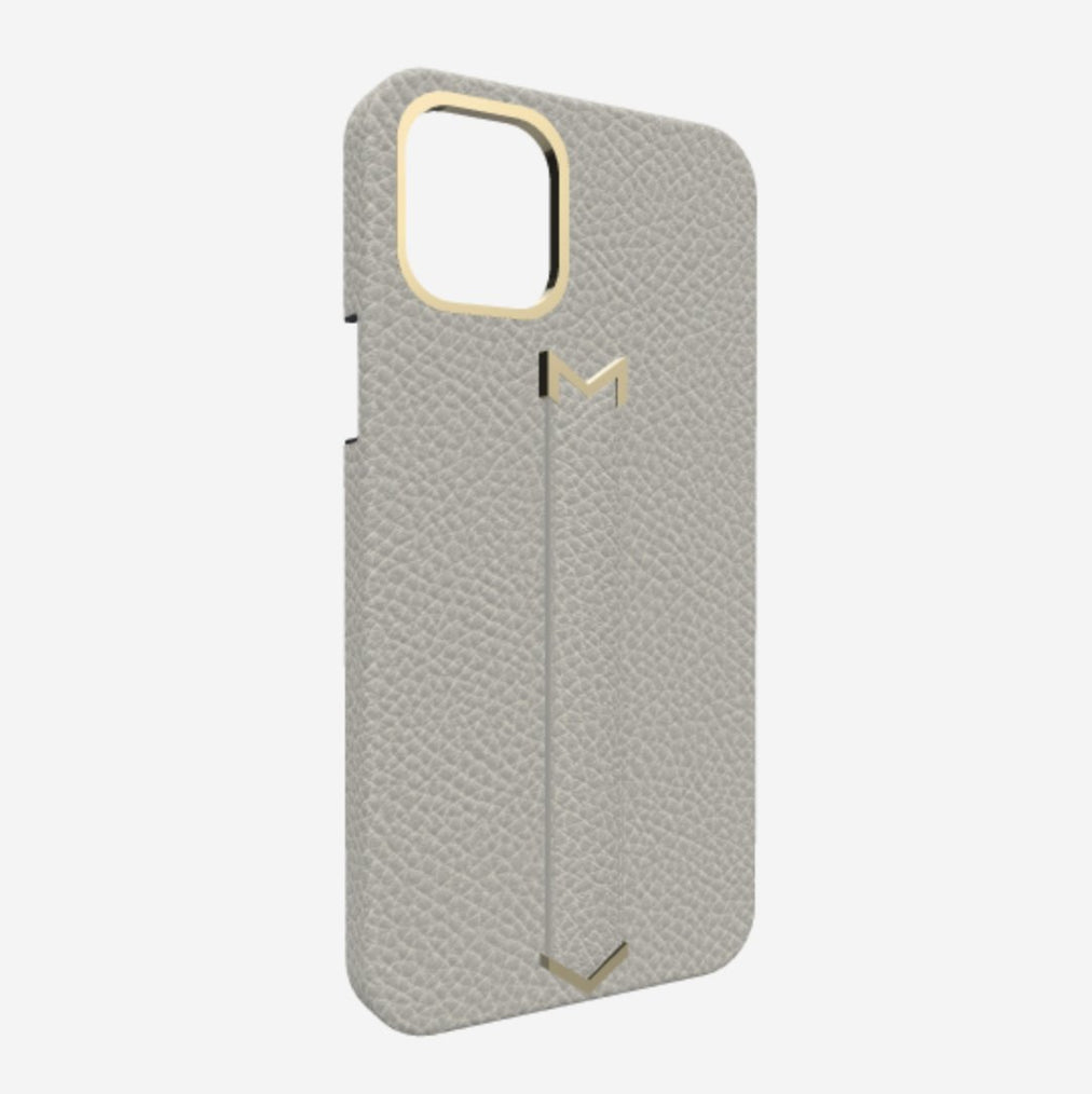 Finger Strap Case for iPhone 13 Pro in Genuine Calfskin Pearl Grey Yellow Gold 