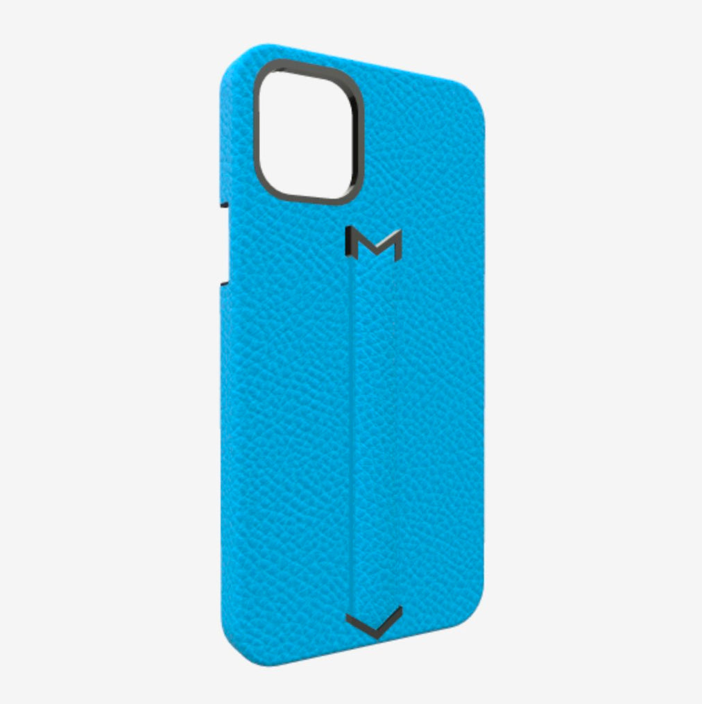 Finger Strap Case for iPhone 13 Pro in Genuine Calfskin Tropical Blue Black Plating 