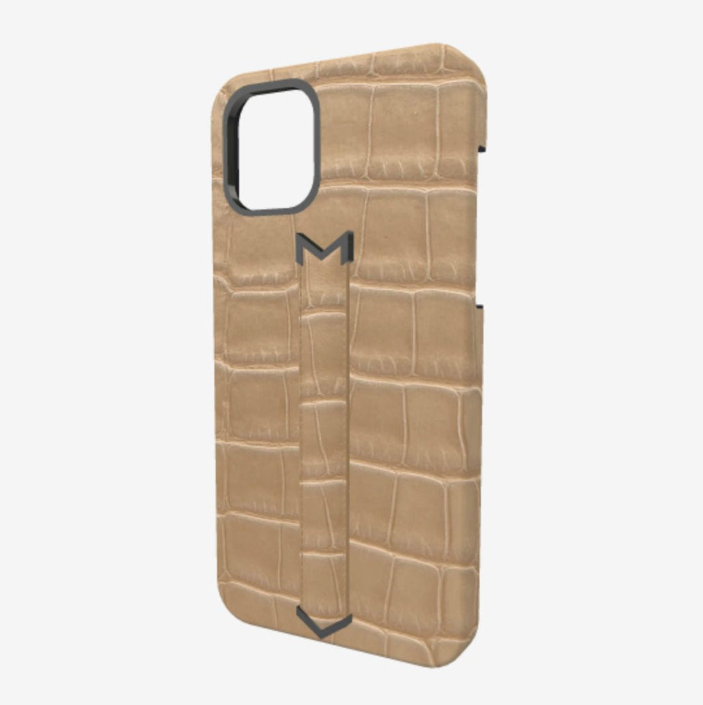 Finger Strap Case for iPhone 13 Pro Max in Genuine Alligator Beige Desert Black Plating 