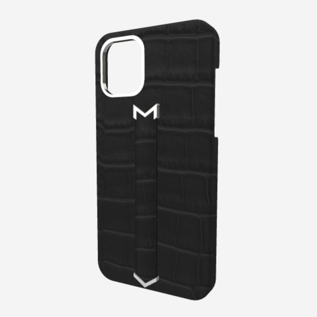 Finger Strap Case for iPhone 13 Pro Max in Genuine Alligator Bond Black Steel 316 