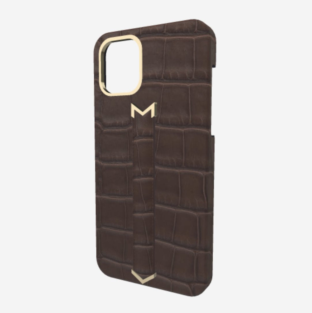 Finger Strap Case for iPhone 13 Pro Max in Genuine Alligator Borsalino Brown Yellow Gold 