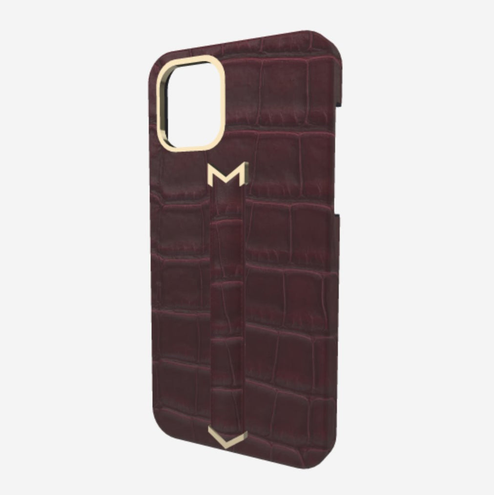 Finger Strap Case for iPhone 13 Pro Max in Genuine Alligator Burgundy Palace Yellow Gold 