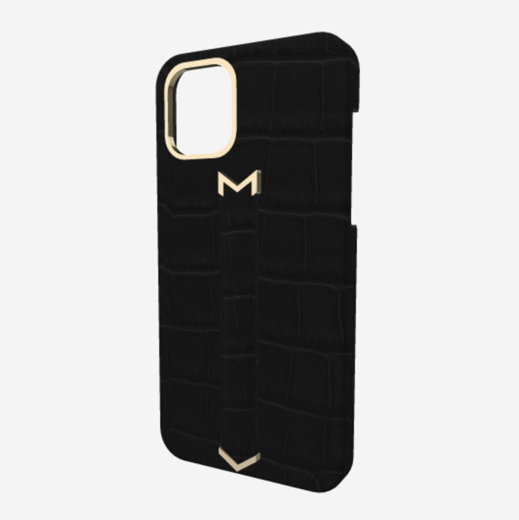 Finger Strap Case for iPhone 13 Pro Max in Genuine Alligator Carbon Black Yellow Gold 