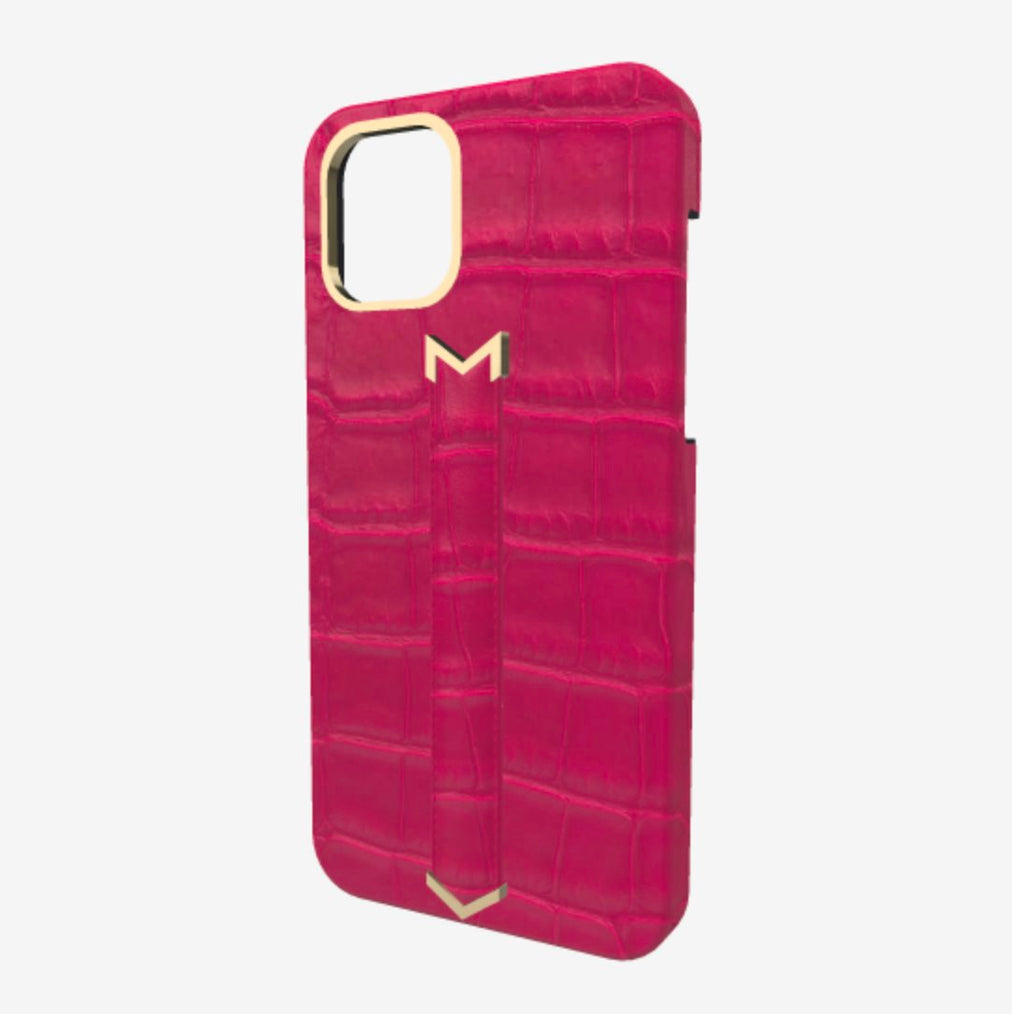 Finger Strap Case for iPhone 13 Pro Max in Genuine Alligator Fuchsia Party Yellow Gold 