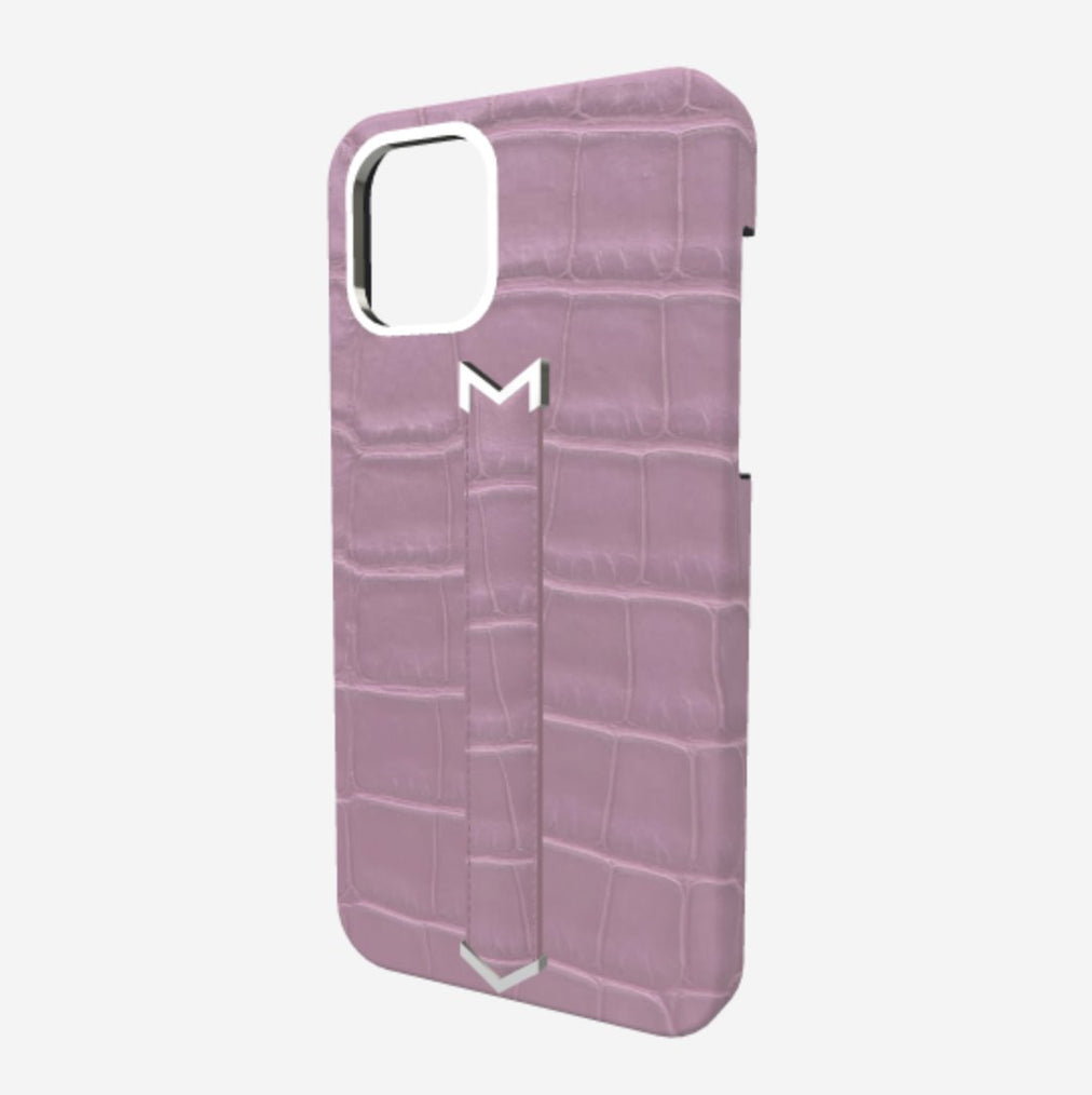 Finger Strap Case for iPhone 13 Pro Max in Genuine Alligator Lavender Laugh Steel 316 