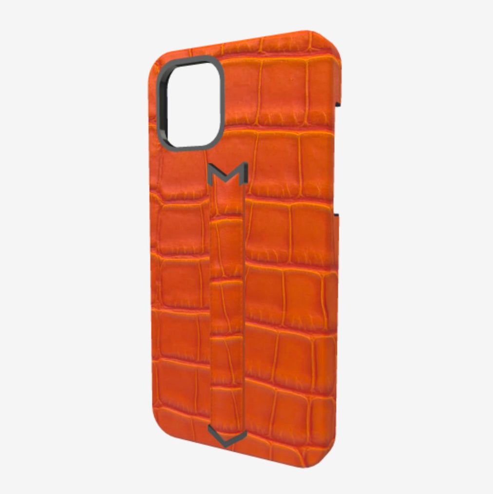 Finger Strap Case for iPhone 13 Pro Max in Genuine Alligator Orange Cocktail Black Plating 