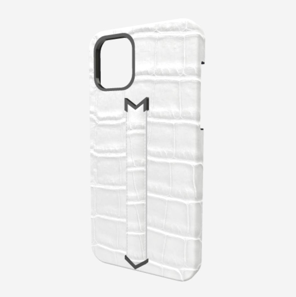 Finger Strap Case for iPhone 13 Pro Max in Genuine Alligator White Angel Black Plating 