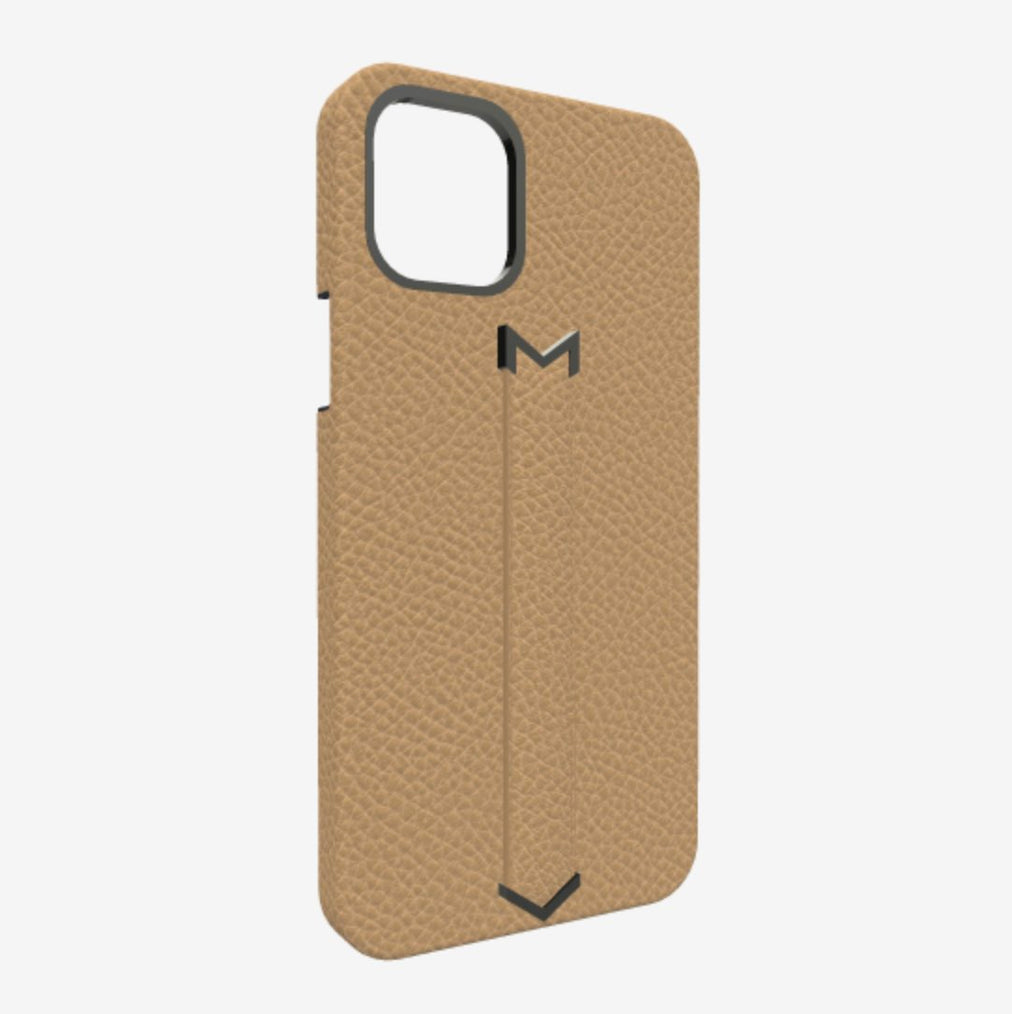 Finger Strap Case for iPhone 13 Pro Max in Genuine Calfskin Beige Desert Black Plating 