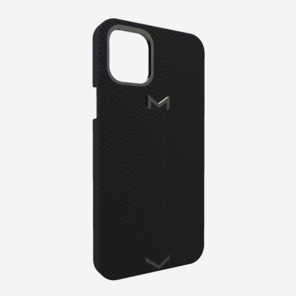 Finger Strap Case for iPhone 13 Pro Max in Genuine Calfskin Bond Black Black Plating 