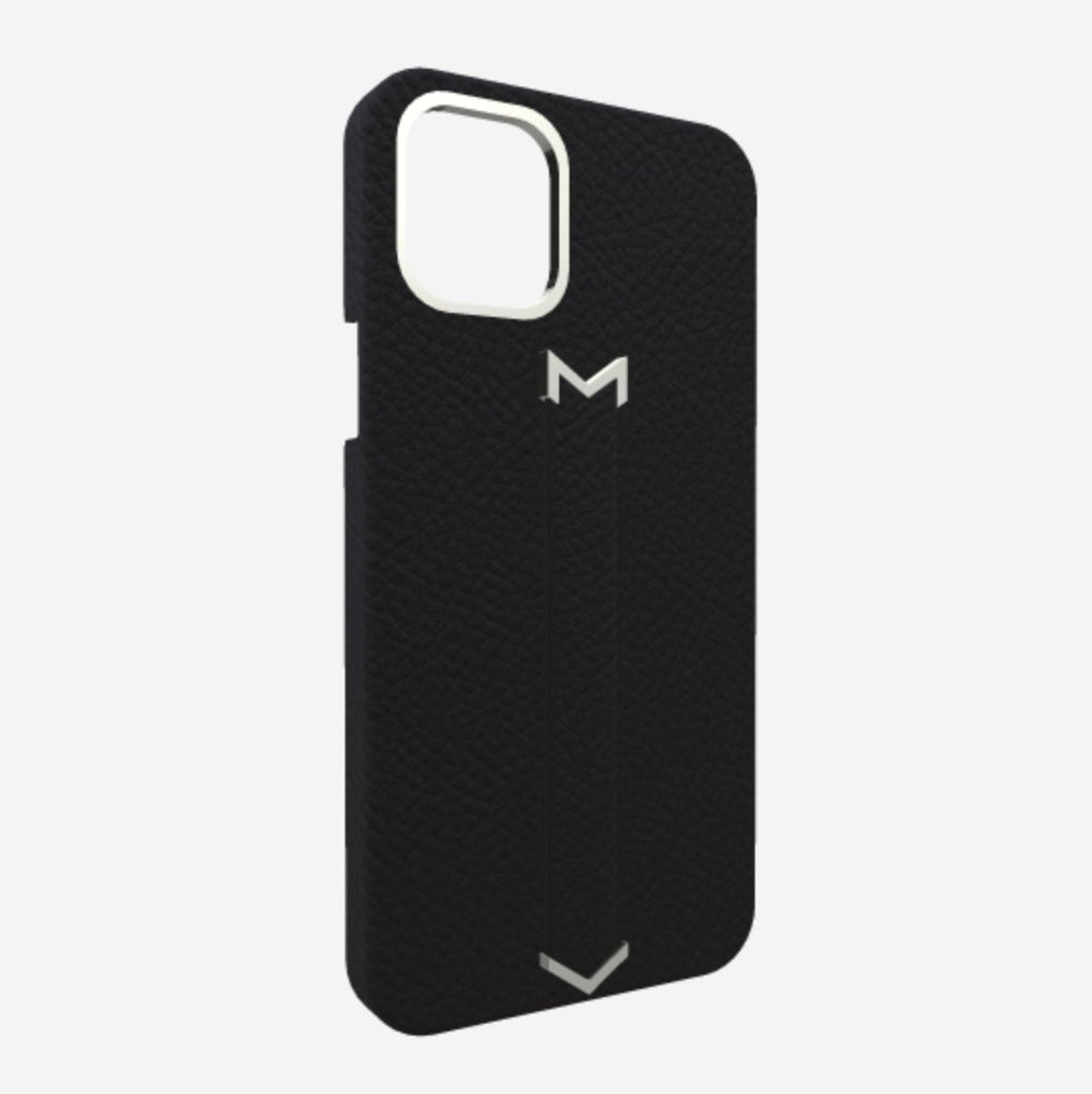 Finger Strap Case for iPhone 13 Pro Max in Genuine Calfskin Bond Black Steel 316 