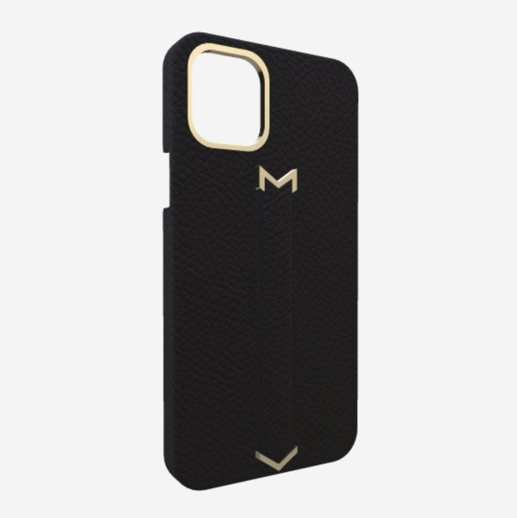 Finger Strap Case for iPhone 13 Pro Max in Genuine Calfskin Bond Black Yellow Gold 
