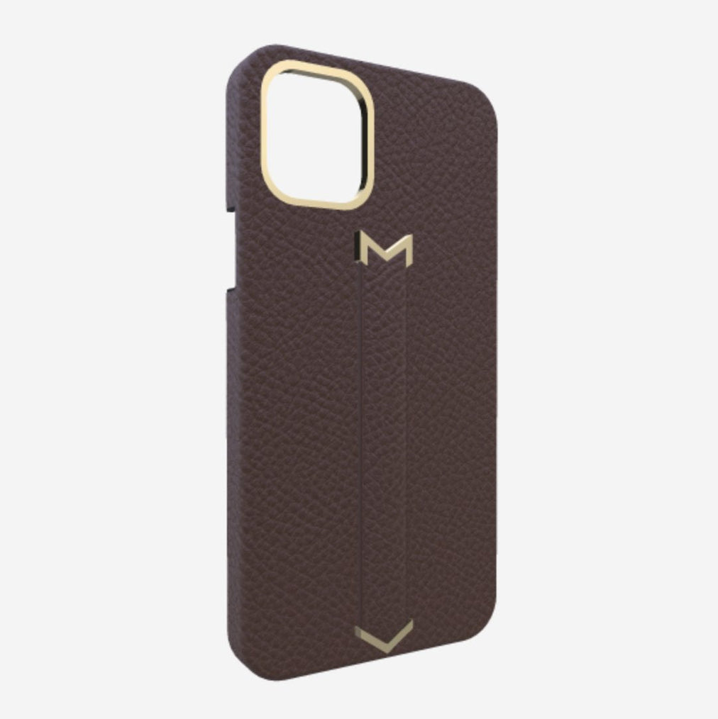 Finger Strap Case for iPhone 13 Pro Max in Genuine Calfskin Borsalino Brown Yellow Gold 