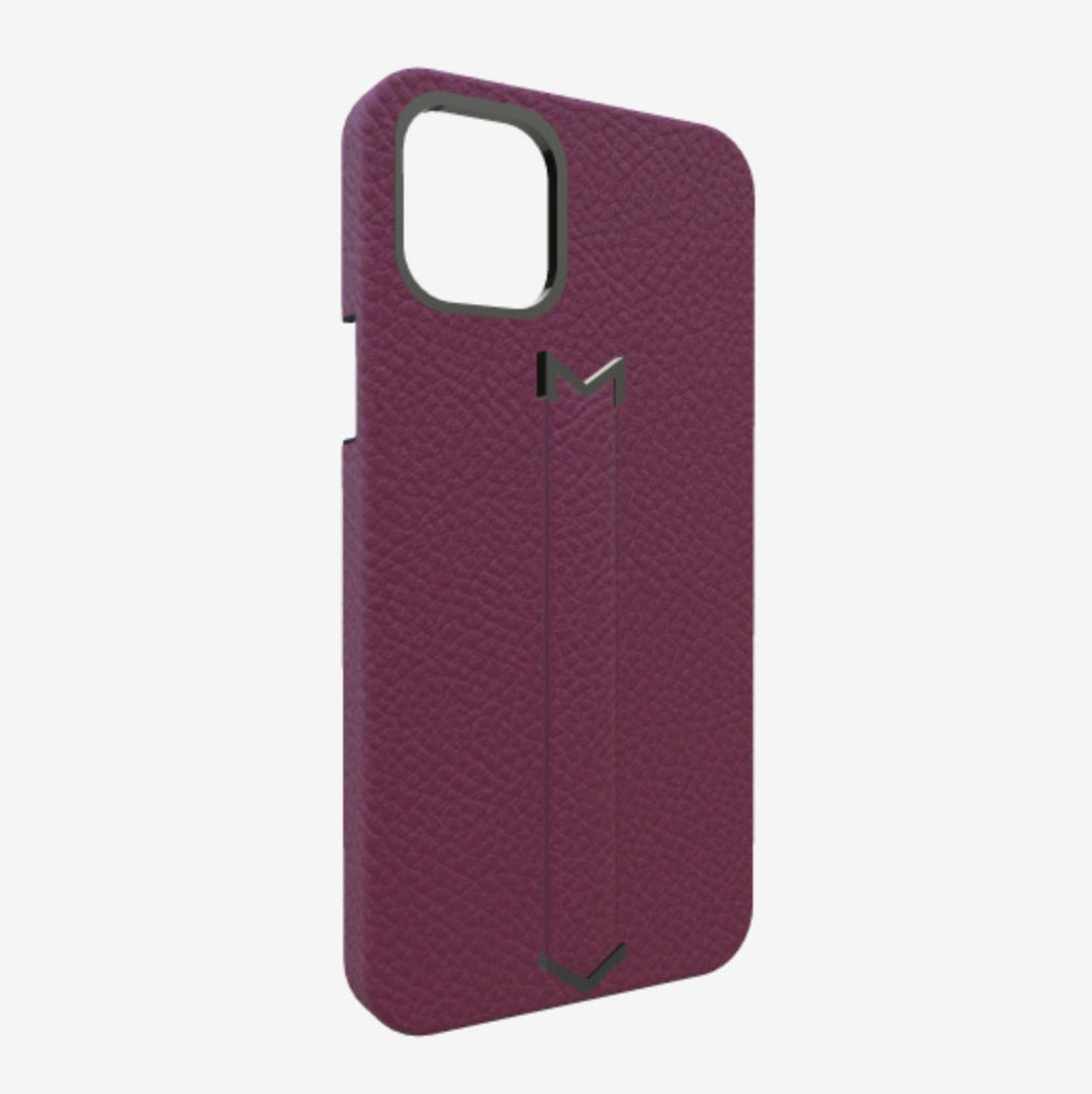 Finger Strap Case for iPhone 13 Pro Max in Genuine Calfskin Boysenberry Island Black Plating 