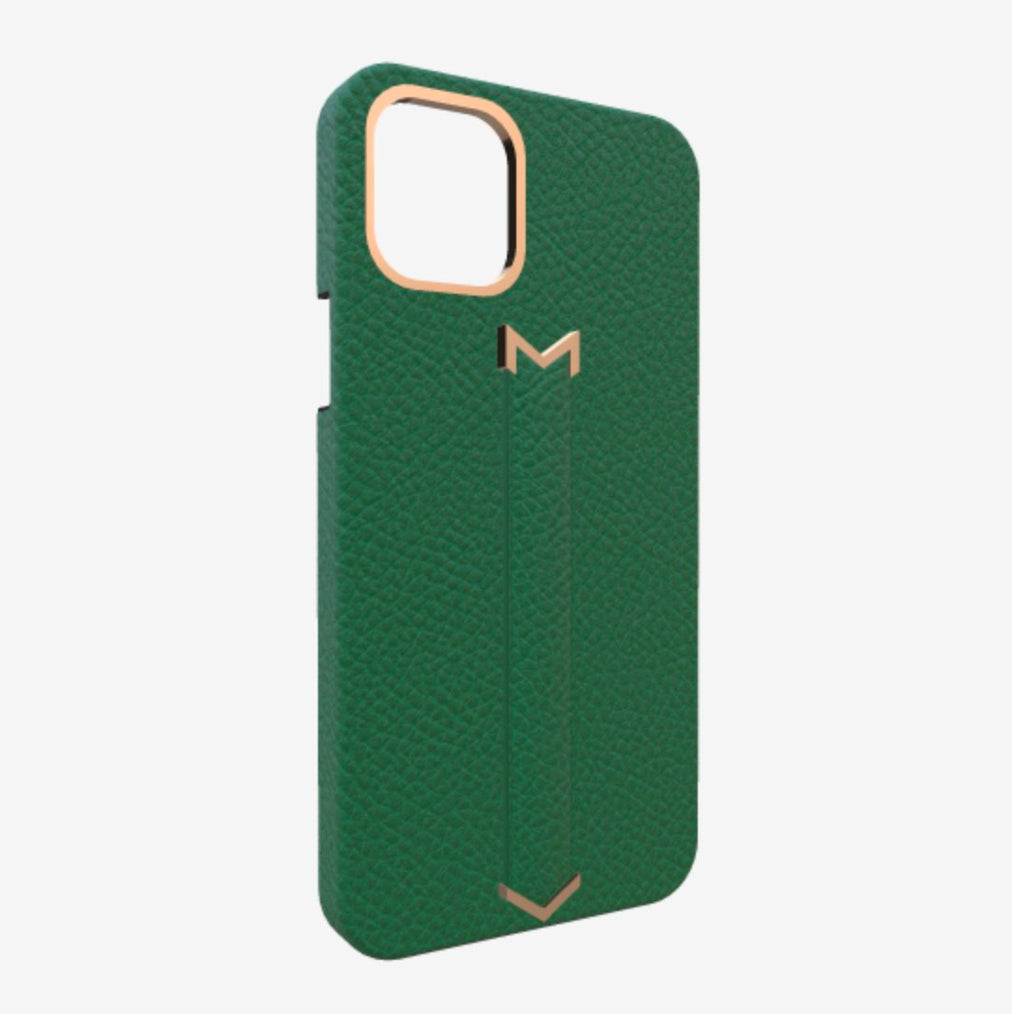 Finger Strap Case for iPhone 13 Pro Max in Genuine Calfskin Emerald Green Rose Gold 