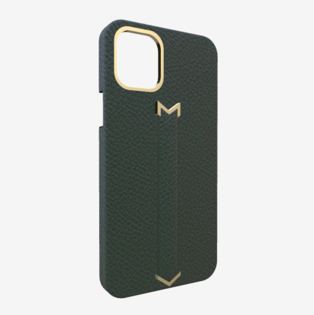 Finger Strap Case for iPhone 13 Pro Max in Genuine Calfskin Jungle Green Yellow Gold 