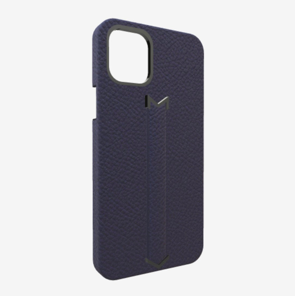 Finger Strap Case for iPhone 13 Pro Max in Genuine Calfskin Navy Blue Black Plating 