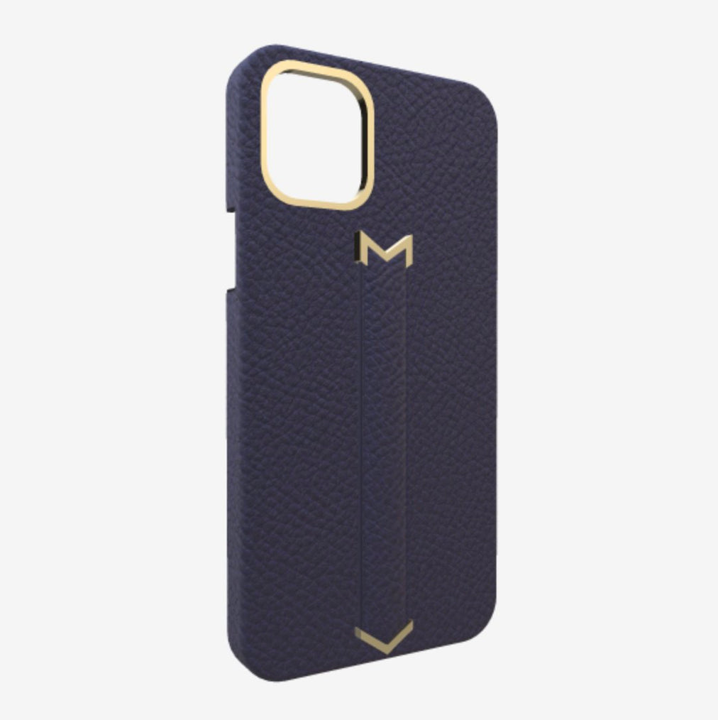 Finger Strap Case for iPhone 13 Pro Max in Genuine Calfskin Navy Blue Yellow Gold 