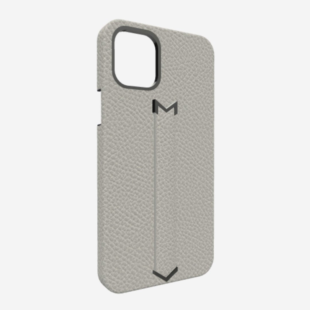 Finger Strap Case for iPhone 13 Pro Max in Genuine Calfskin Pearl Grey Black Plating 