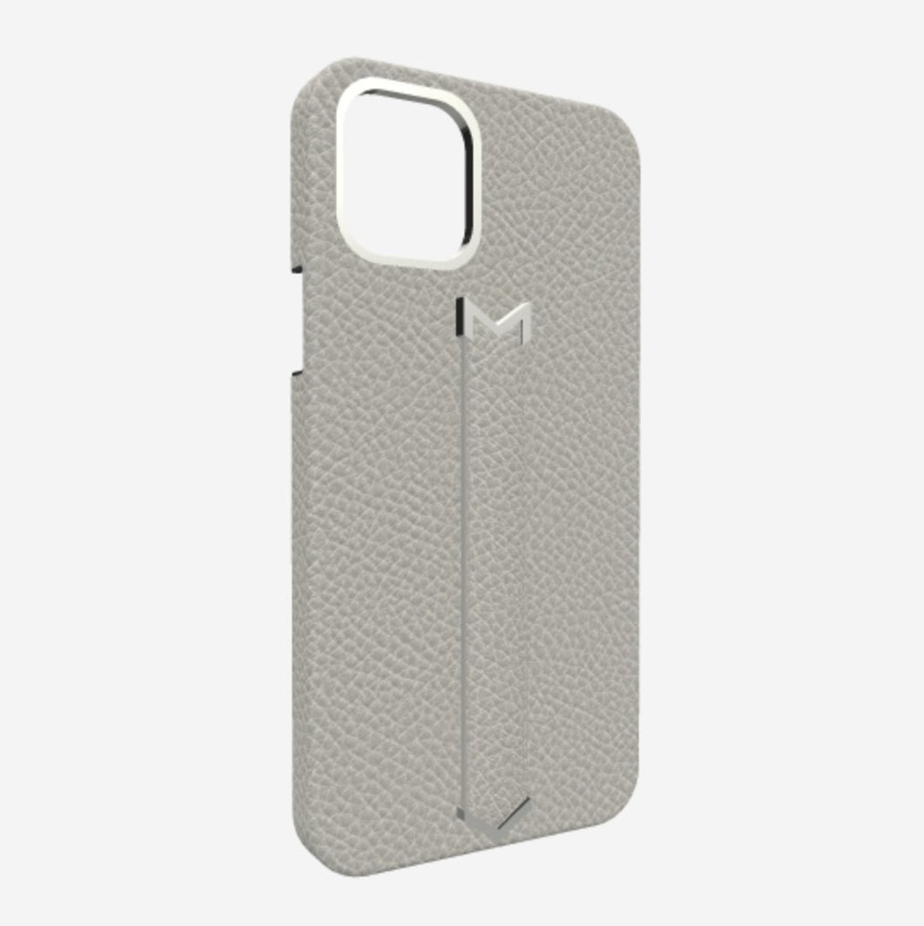 Finger Strap Case for iPhone 13 Pro Max in Genuine Calfskin Pearl Grey Steel 316 
