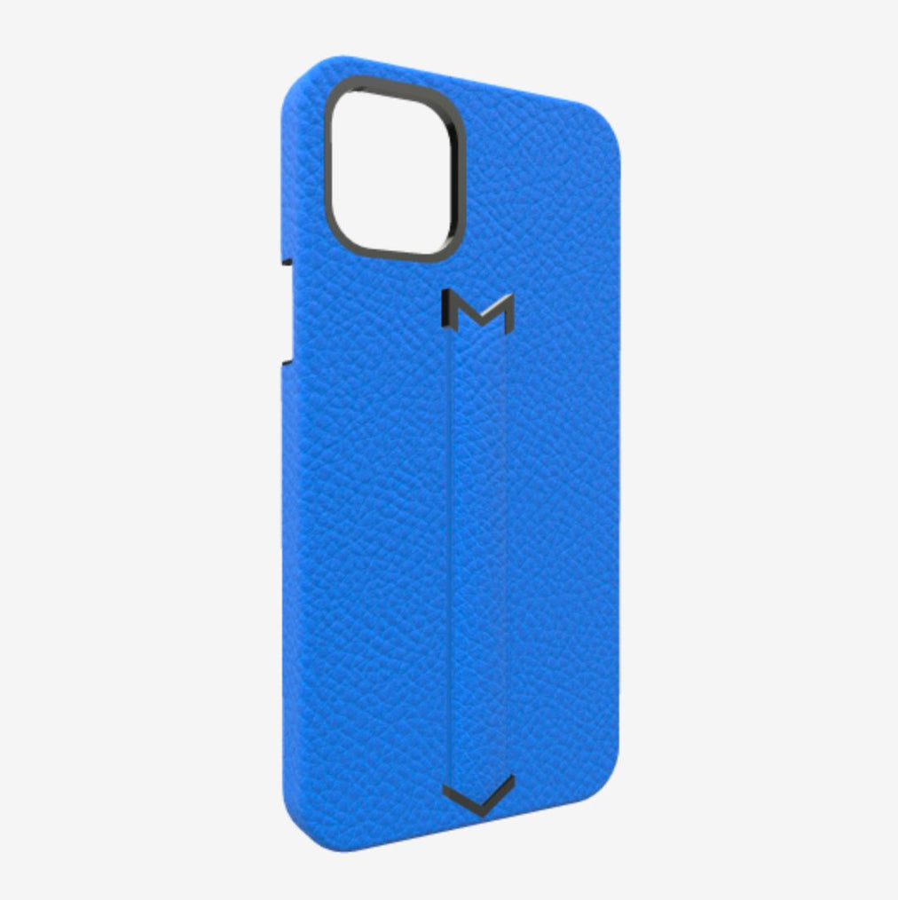 Finger Strap Case for iPhone 13 Pro Max in Genuine Calfskin Royal Blue Black Plating 