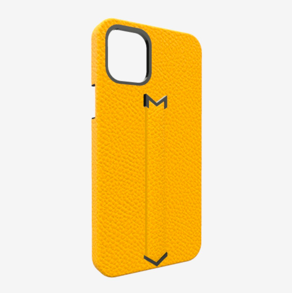 Finger Strap Case for iPhone 13 Pro Max in Genuine Calfskin Sunny Yellow Black Plating 