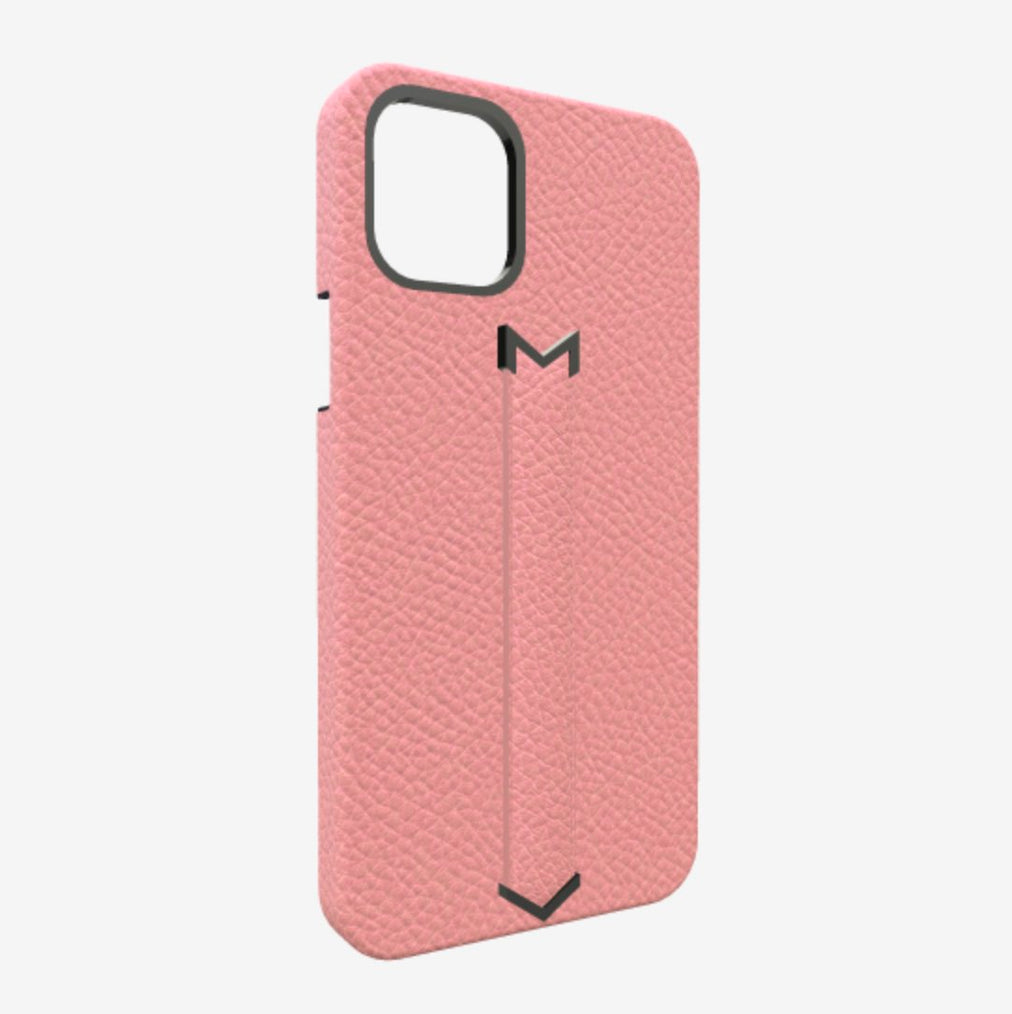 Finger Strap Case for iPhone 13 Pro Max in Genuine Calfskin Sweet Rose Black Plating 