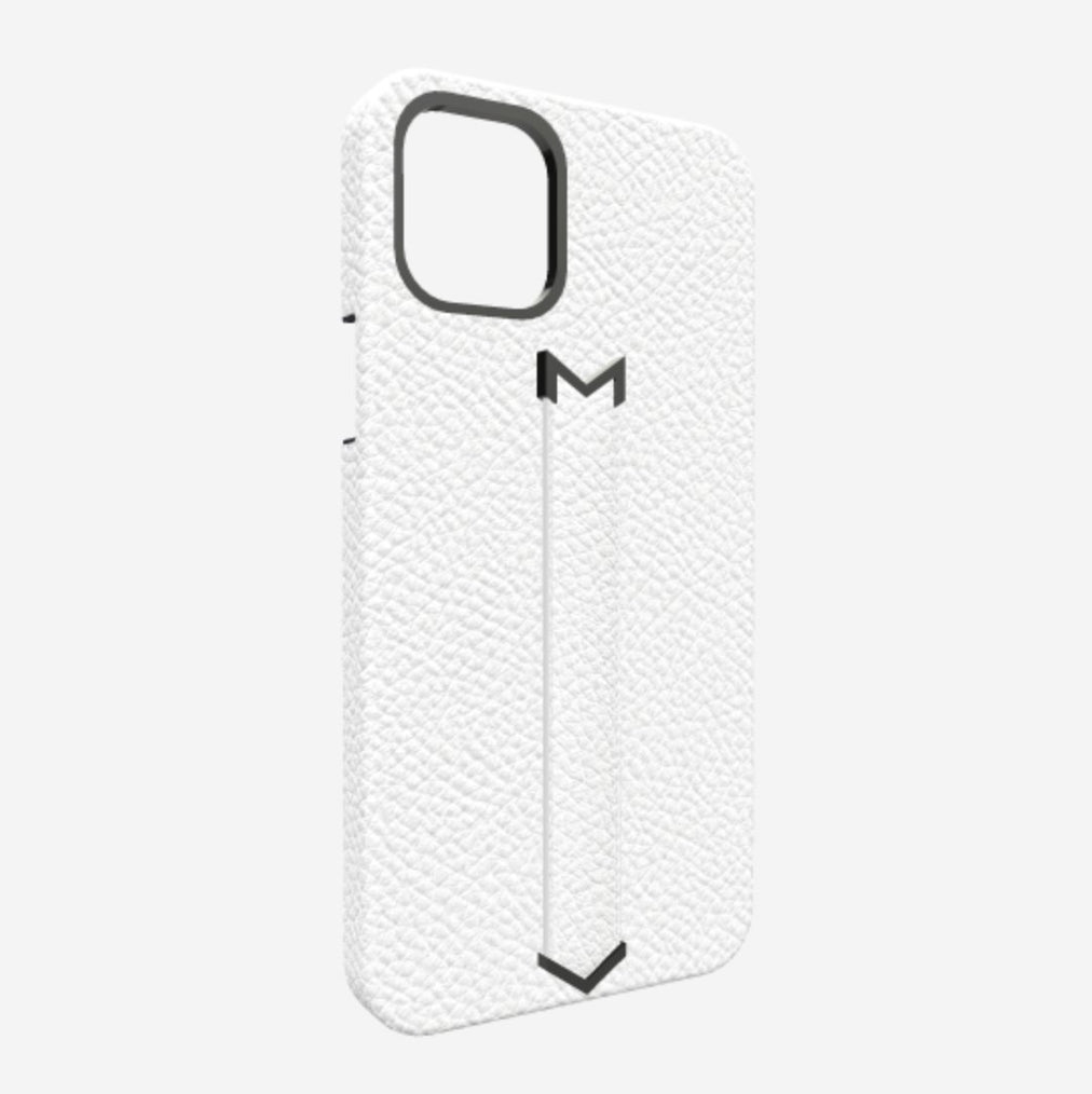 Finger Strap Case for iPhone 13 Pro Max in Genuine Calfskin White Angel Black Plating 