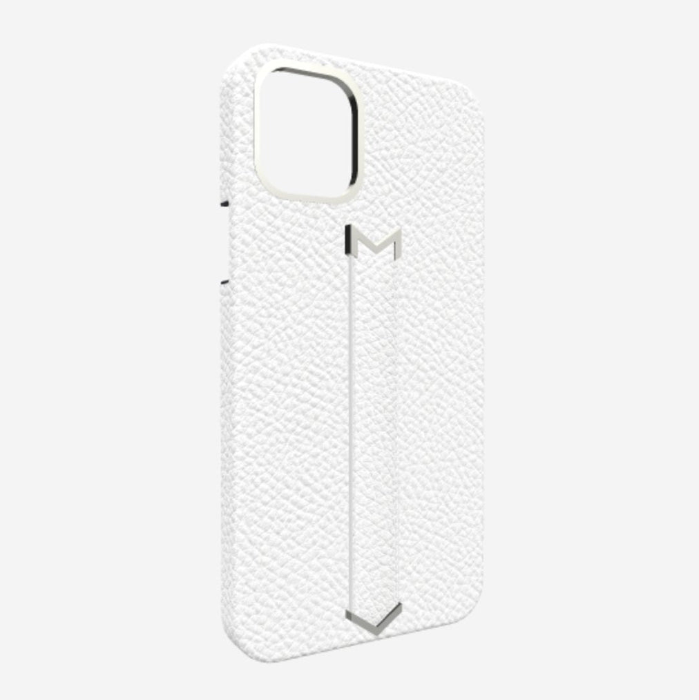 Finger Strap Case for iPhone 13 Pro Max in Genuine Calfskin White Angel Steel 316 