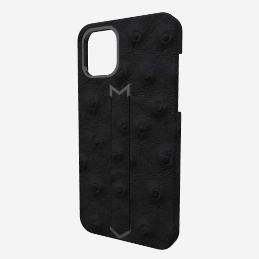 Finger Strap Case for iPhone 13 Pro Max in Genuine Ostrich Bond Black Black Plating 