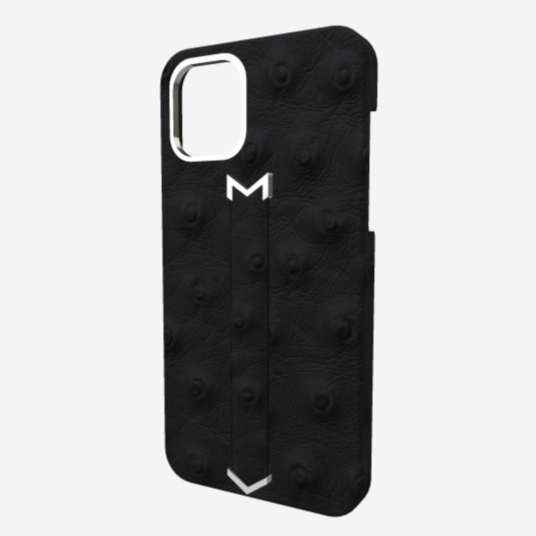 Finger Strap Case for iPhone 13 Pro Max in Genuine Ostrich Bond Black Steel 316 