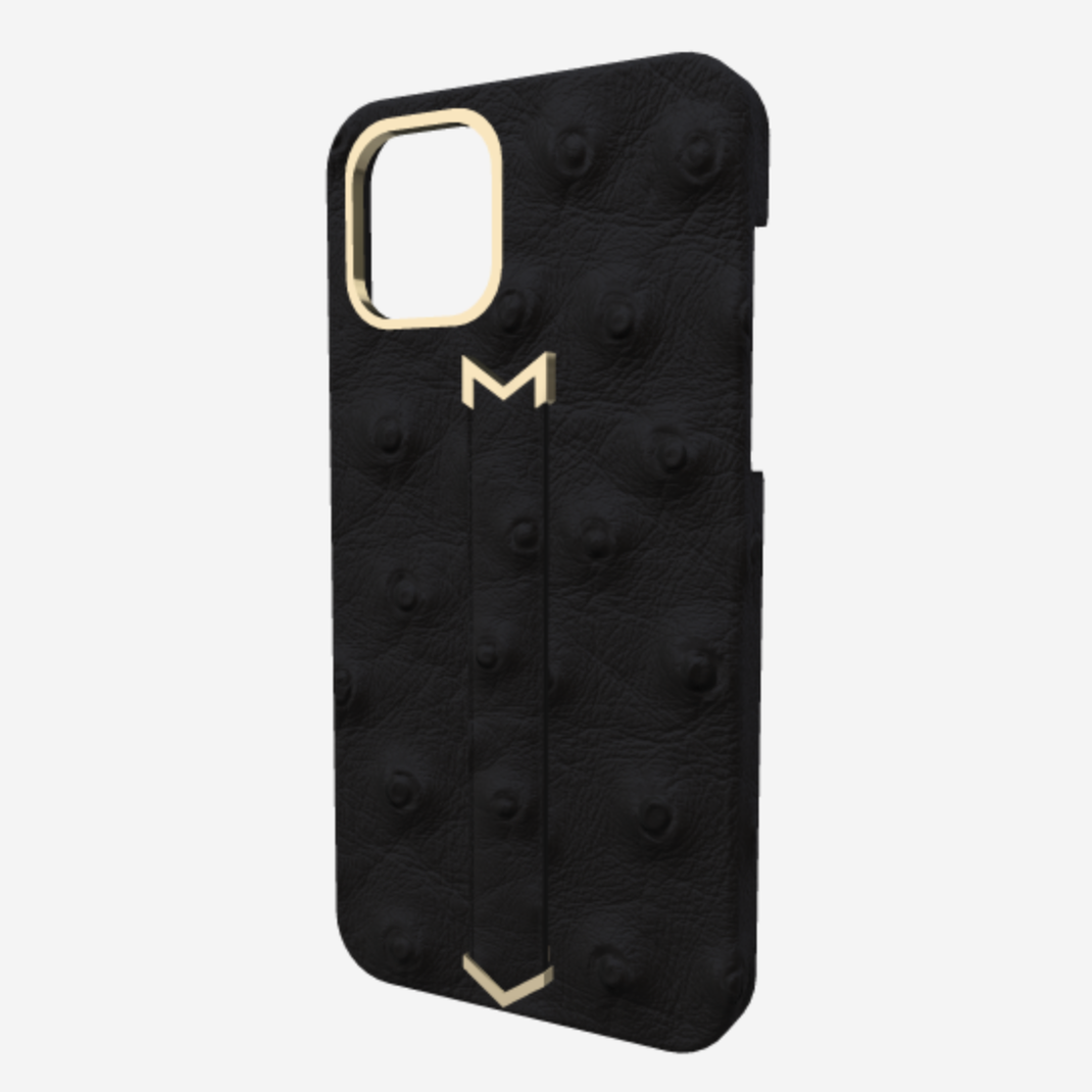 Finger Strap Case for iPhone 13 Pro Max in Genuine Ostrich Bond Black Yellow Gold 