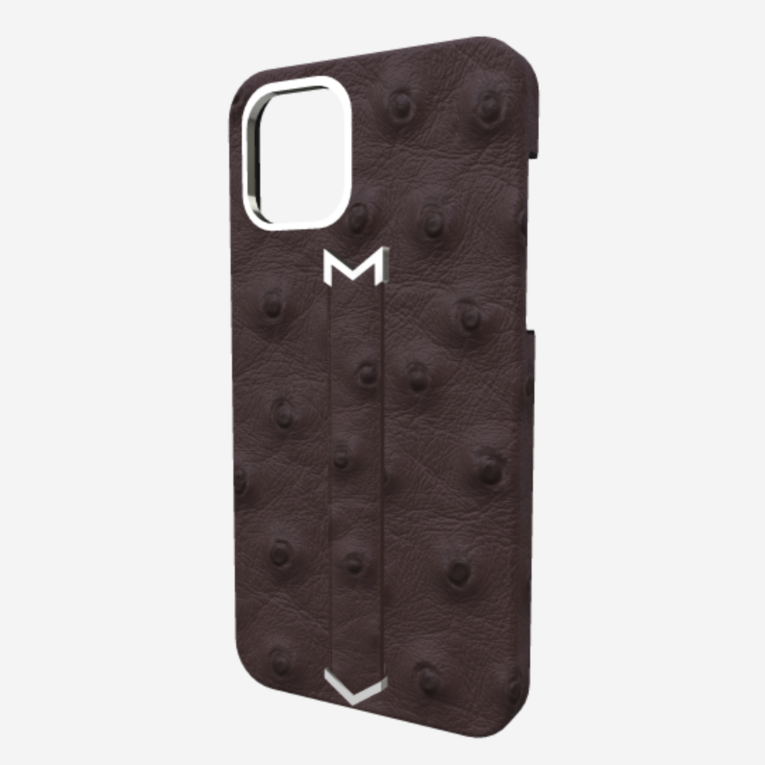 Finger Strap Case for iPhone 13 Pro Max in Genuine Ostrich Borsalino Brown Steel 316 