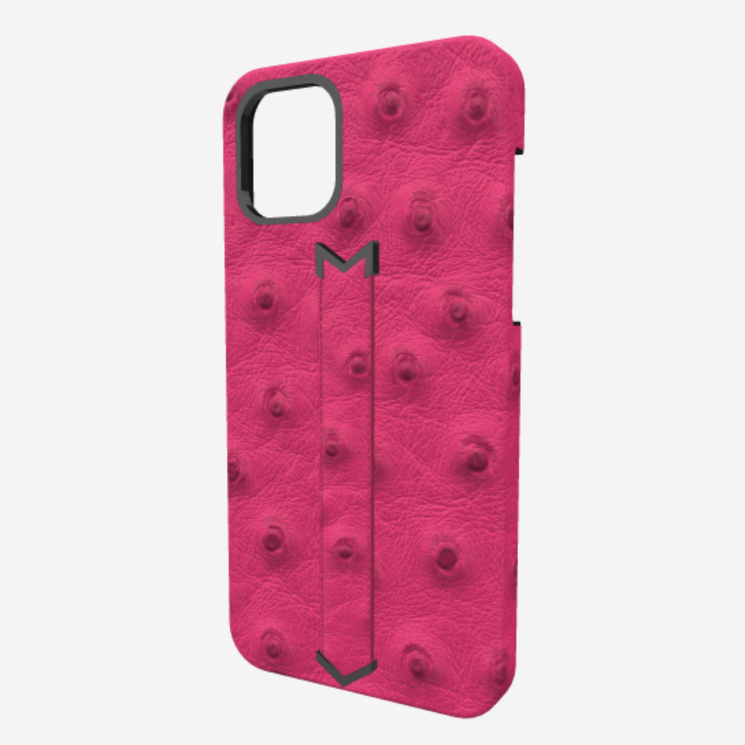 Finger Strap Case for iPhone 13 Pro Max in Genuine Ostrich Fuchsia Party Black Plating 