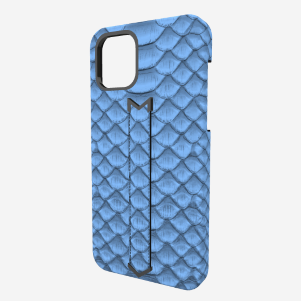 Finger Strap Case for iPhone 13 Pro Max in Genuine Python Blue Jean Black Plating 