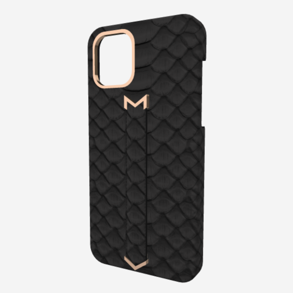 Finger Strap Case for iPhone 13 Pro Max in Genuine Python Bond Black Rose Gold 