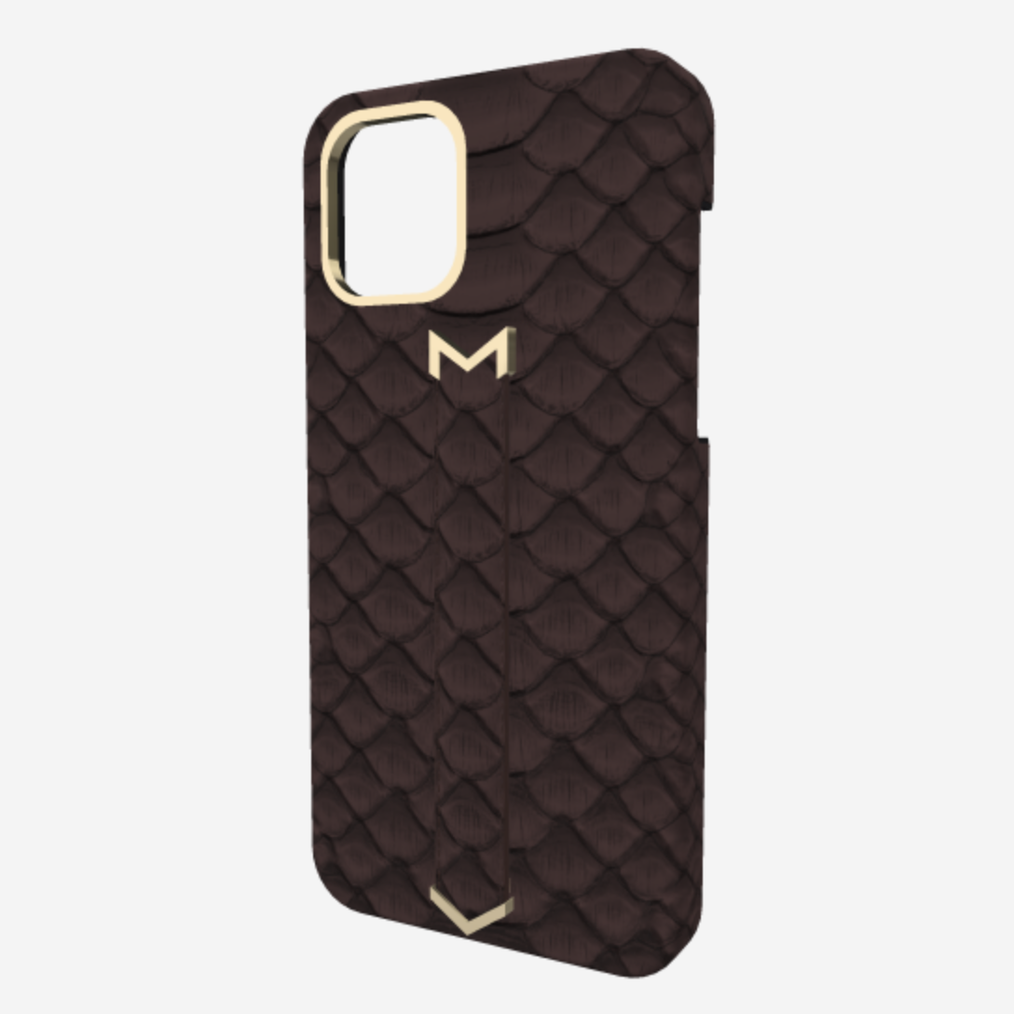 Finger Strap Case for iPhone 13 Pro Max in Genuine Python Borsalino Brown Yellow Gold 