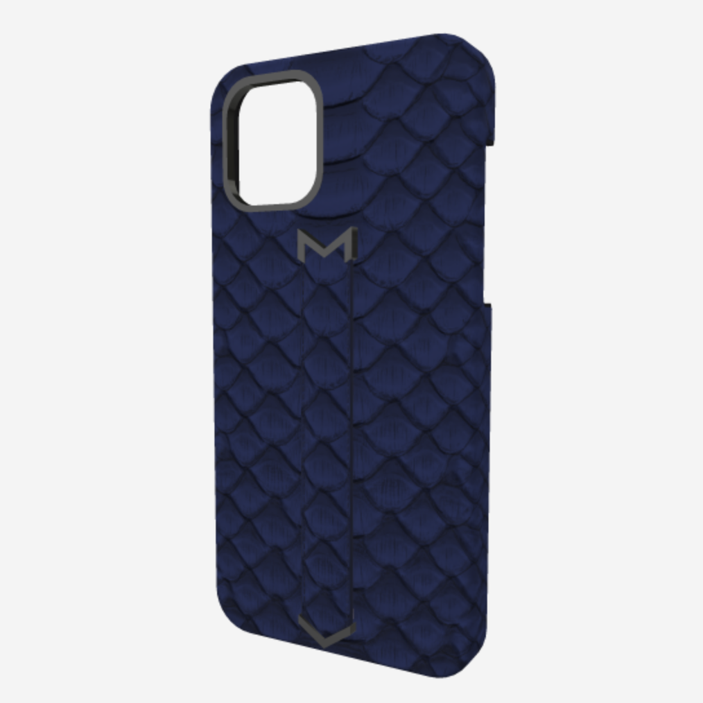 Finger Strap Case for iPhone 13 Pro Max in Genuine Python Navy Blue Black Plating 